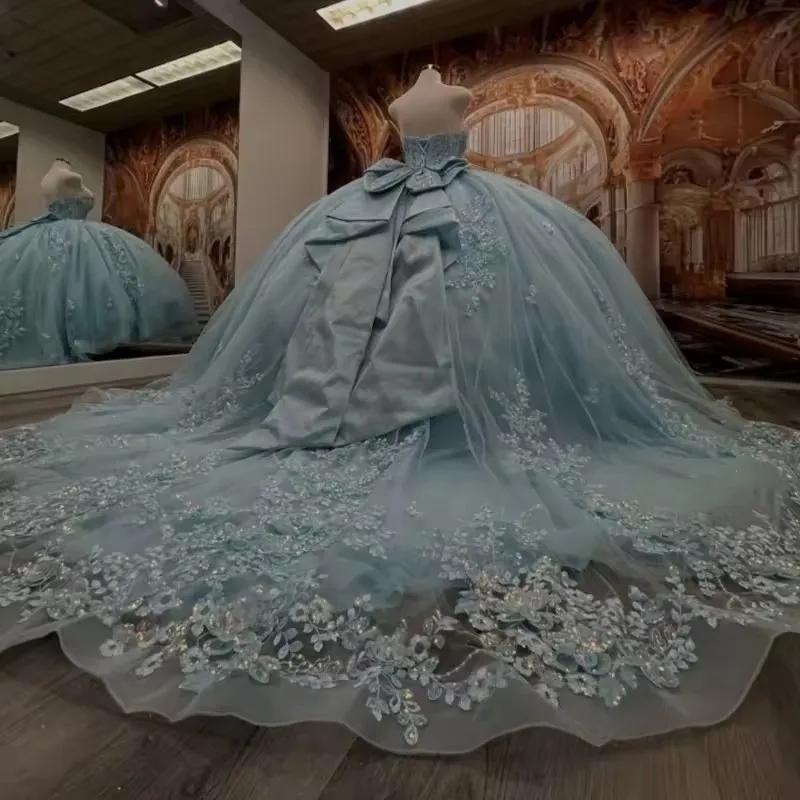 Light Blue Princess Ball Gown Quinceanera Dresses Vestidos De 15 Anos XV Appliques Flower Beading Crystal Birthday Party Sweet 16 Dress