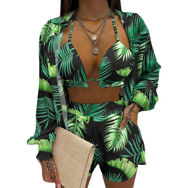 Women's Sexy Three-Piece Spring Beach Fashion Shorts Set B5