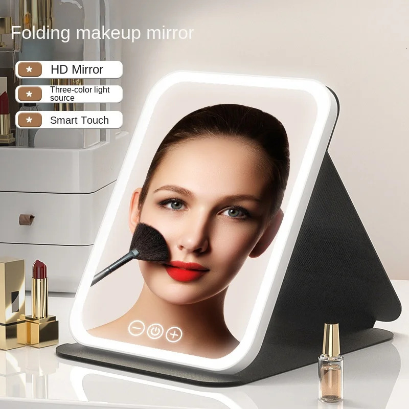 Rechargeable LED Makeup Mirror with Touch Control 3 Color Lights Portable Foldable Magnifying Vanity Mirror Travel Home Office 250625