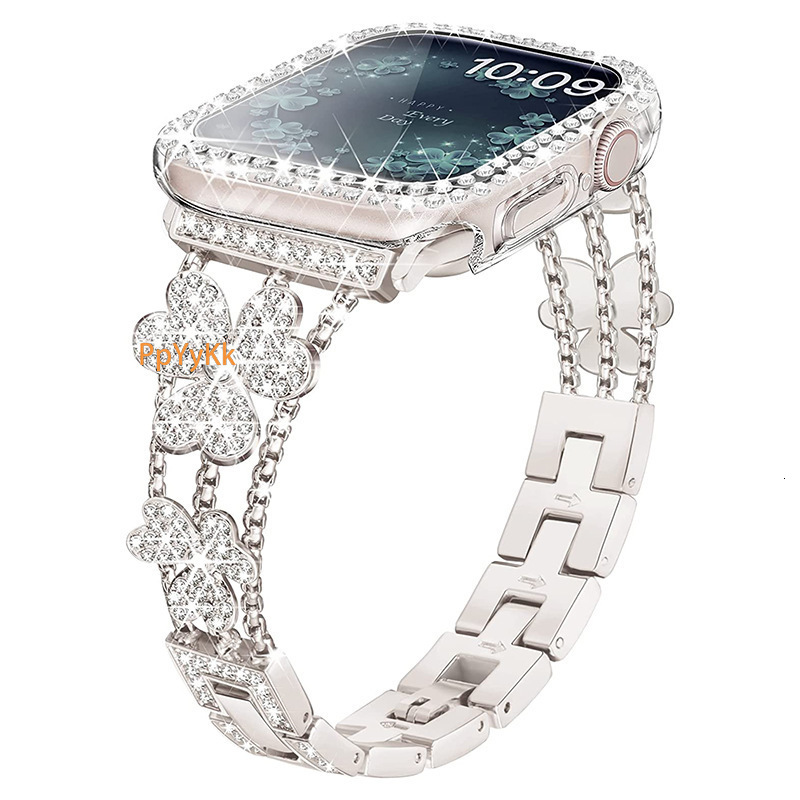Luxury Fashion Clover Diamond Inlaid Metal Watch Straps for Apple iWatch 9-1 Series