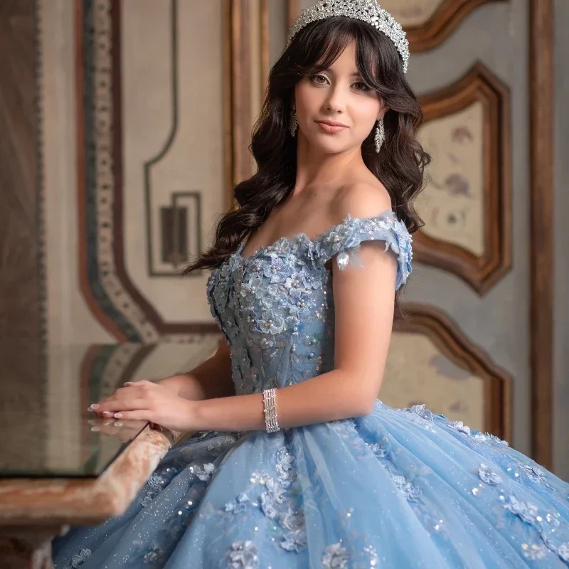 2025 Sky Blue Ball Gown Quinceanera Dresses Beading 3D Flower Applique Tull Birthday Party Mexican Sweet 16 Dress Vestidos De 15 Anos