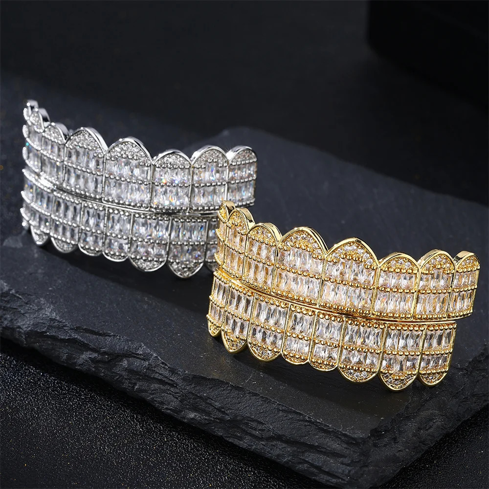 D Z Baguette Set Teeth Top Bottom Gold Plated Hip Hop Fashion Rapper Jewelry Punk Party Gift for Men Women Gifts 250606