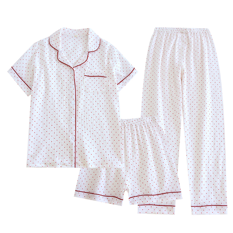 Summer pure cotton small round dot crepe fabric three piece set shorts, breathable and sweat absorbing pants, lapel and age reducing pajamas set
