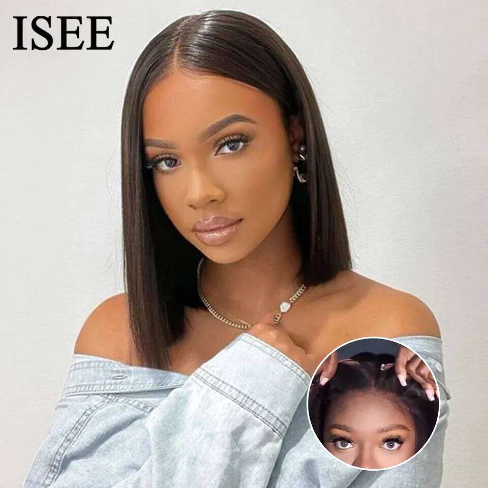 Wear And Glueless Hair Wig HD Straight Short Bob 4x4 Lace Frontal Pre Plucked Human Wigs Ready To Go ISEE HAIR