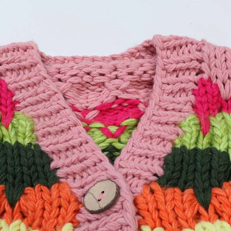 Jastie 2025 Autumn And Winter Women's Sweater Contrast Color Handmade Splicing Loose V-neck Thick Knitted Cardigan Coat