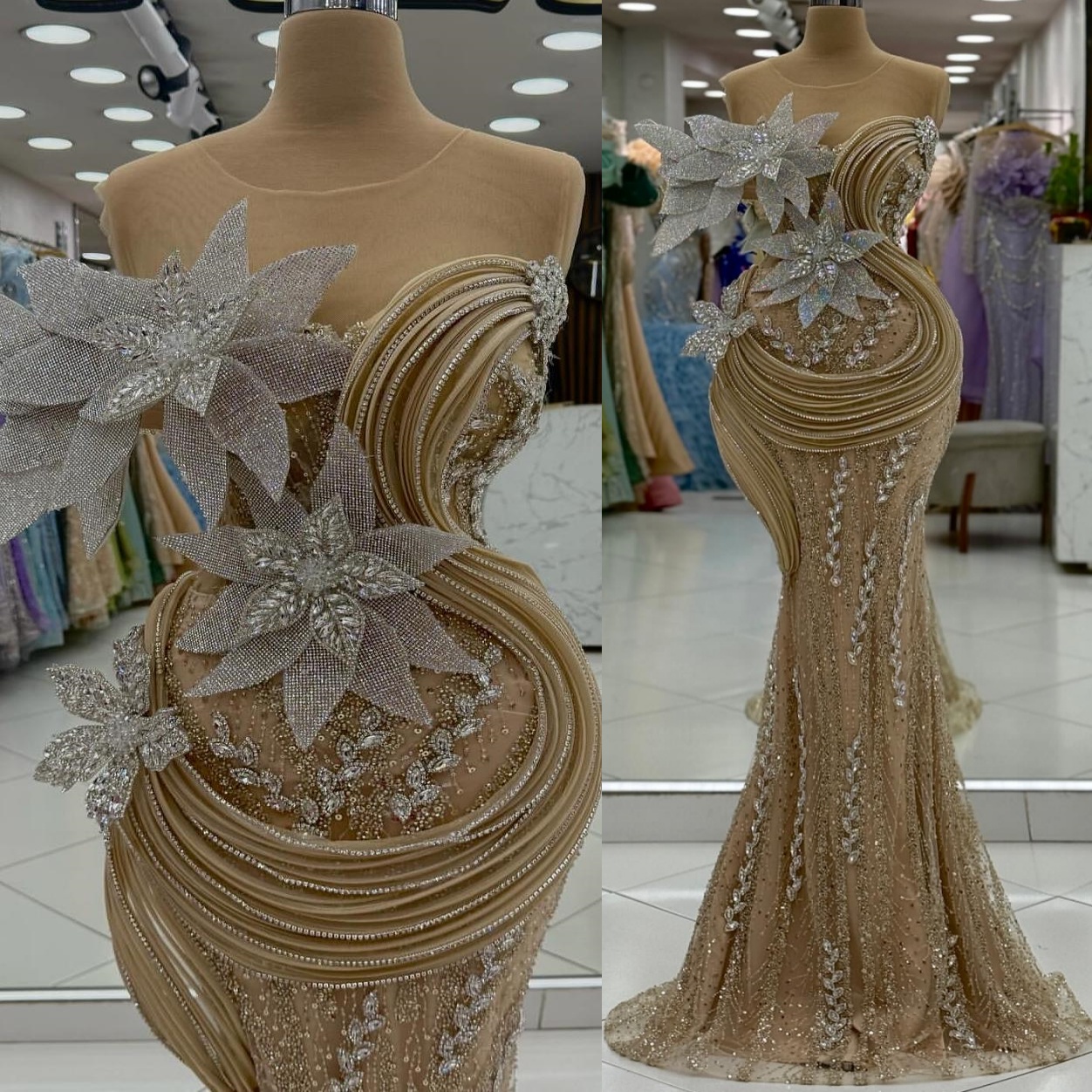 Champagne Mermaid Prom Dresses 2025 Flowers Crystals Sequined Lace Evening Formal Party Second Birthday Engagement Gowns Plus Size Dress For Special O