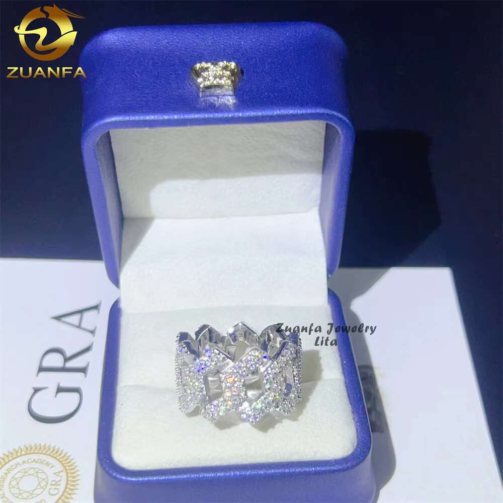 High Quality Fine Jewelry Fashion Hip Hop 2 Rows Cuban Diamond 925 Sterling Silver Moissanite Rings