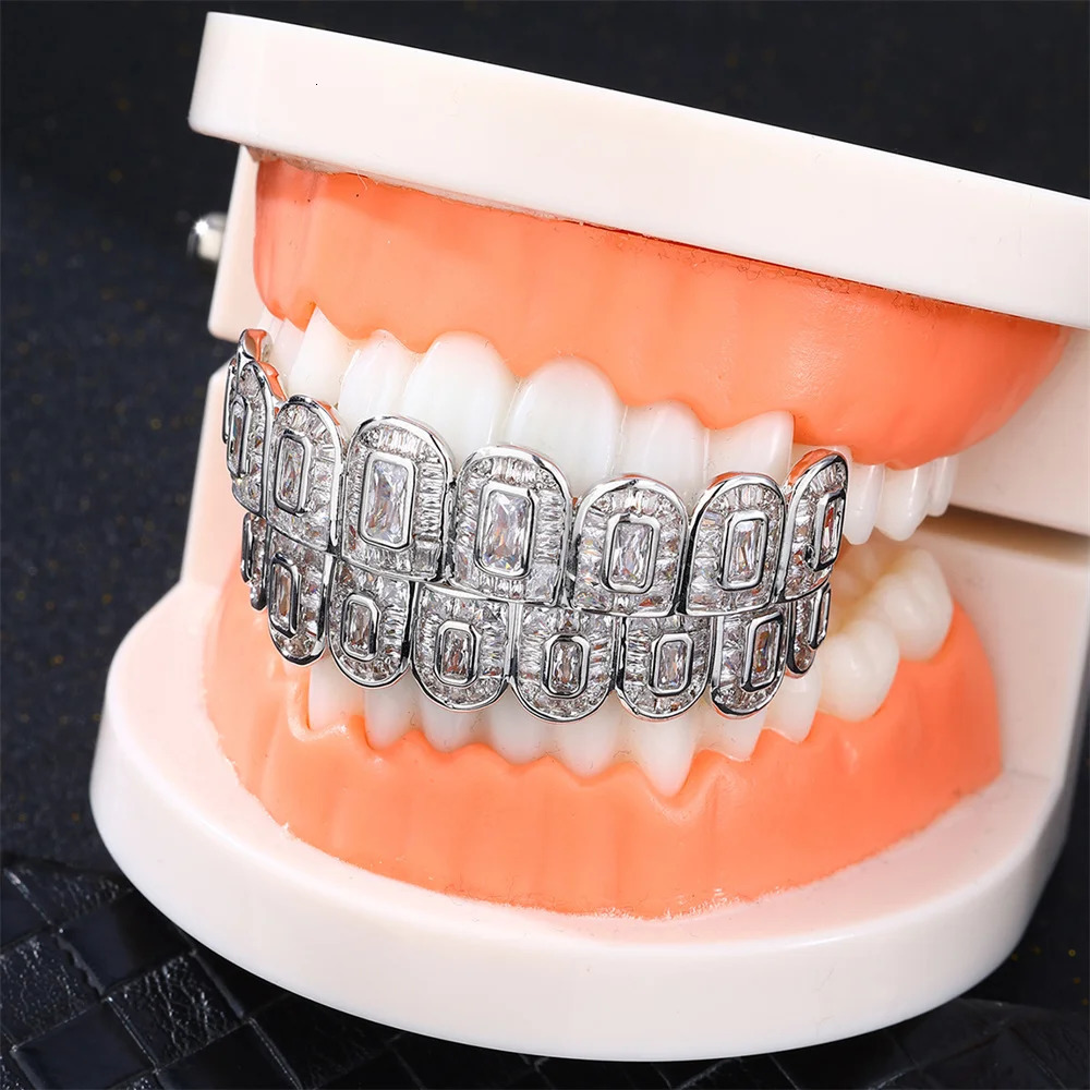 D Z Hip Pop Full Iced Out Square Cubic Zirconia Stones Grills Teeth For Men Women Rapper Fashion Jewelry 250606