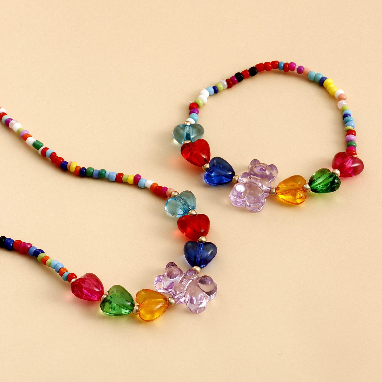 Accessories Bohemian Mixed Color Seed Beads Rainbow Heart Bear Necklace Bracelet Set Cartoon Women Jewelry for Women