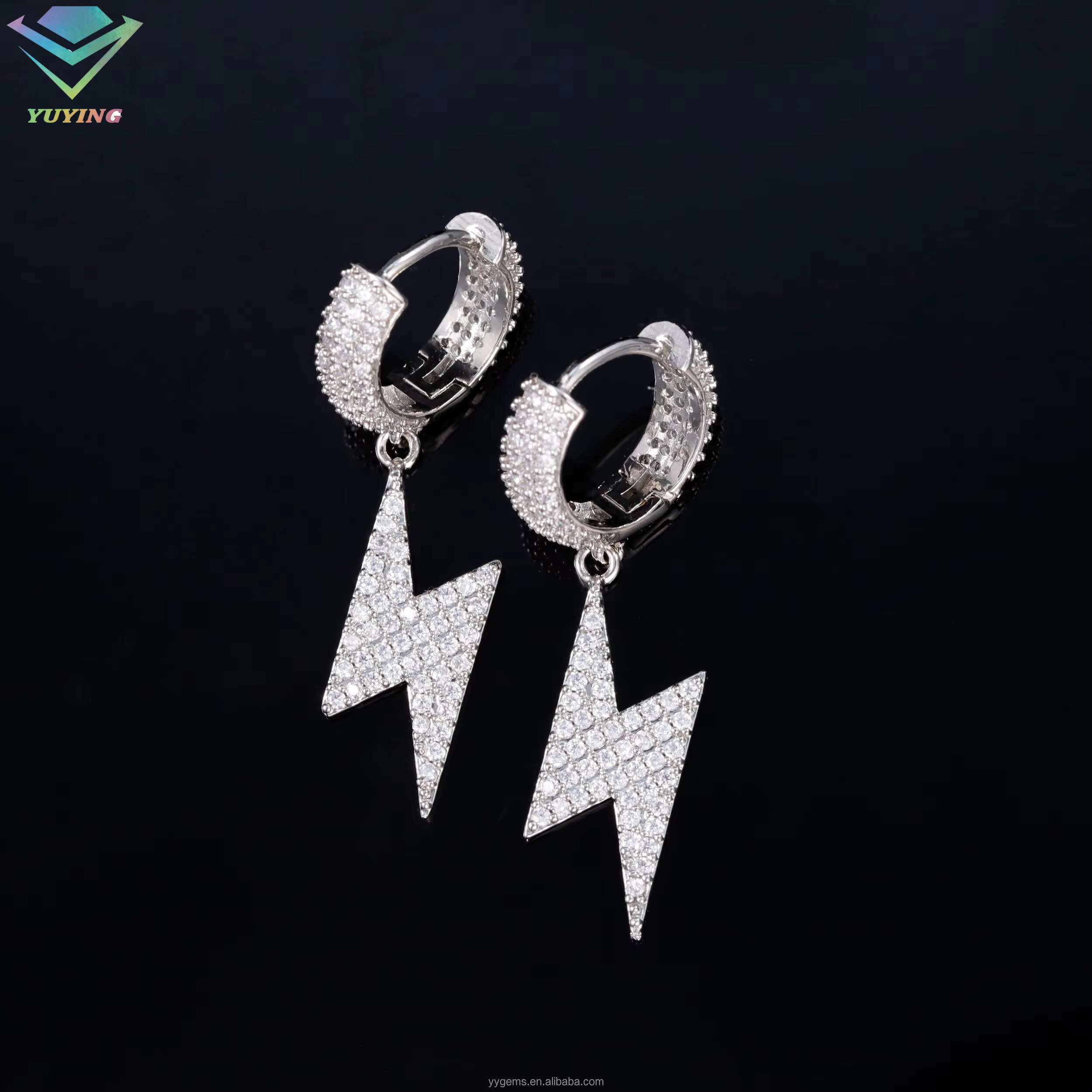 New Arrivals lightning Ice Out Moissanite S925 Silver White Gold Plated Hip Hop Fashion Jewelry Hoop Earrings