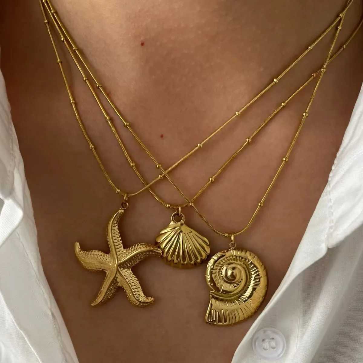 Minimalist Starfish Striped Conch Scallop Shaped Pendant Necklace for Women Waterproof Trend Jewelry Summer Beach Party V250625