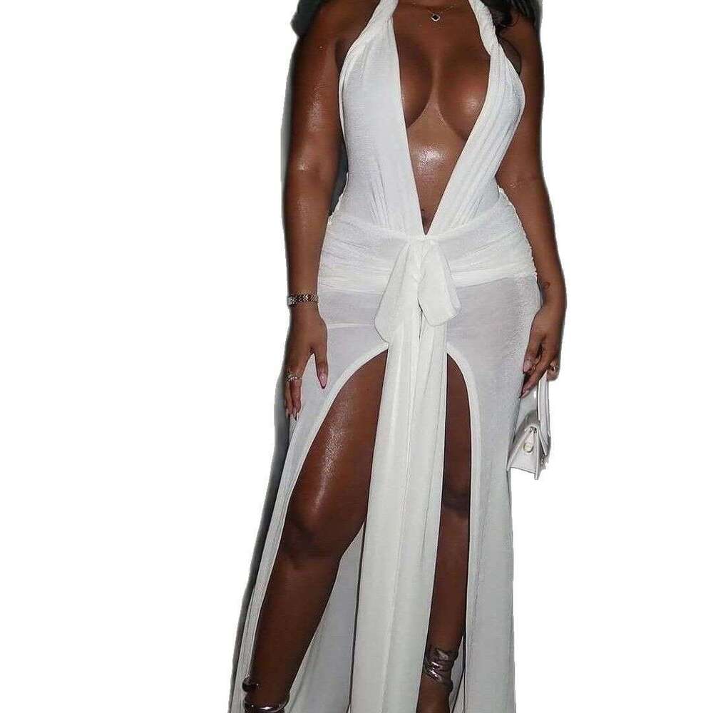 New Women's Halter Neck Sleeveless Sexy Deep V Split Solid Color Backless Long Dress B5