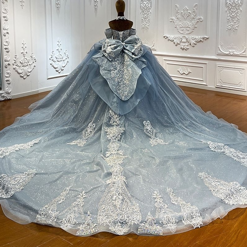 Sea Blue Shiny Quinceanera Dresses Ball Gown Off The Shoulder Sequin Applique Lace Bow Beading Crystal Tull Corset Sweet 16 Dress Vestidos 15 Anos