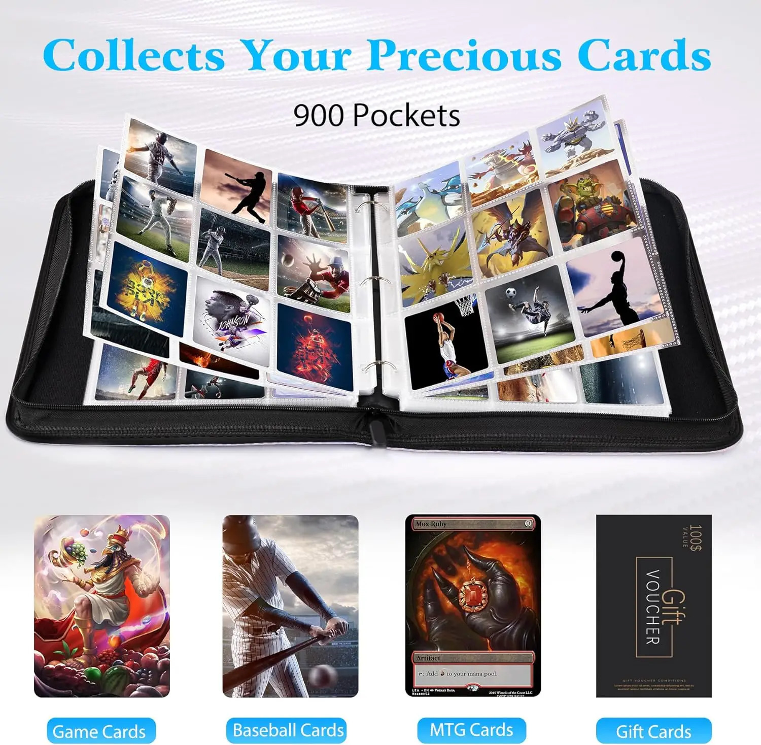 900 Pockets Card Binder Sleeves with Zipper Double Sided Pockets Card Holder Carry Card Case for TCG CCG Card StorageBlack 250624