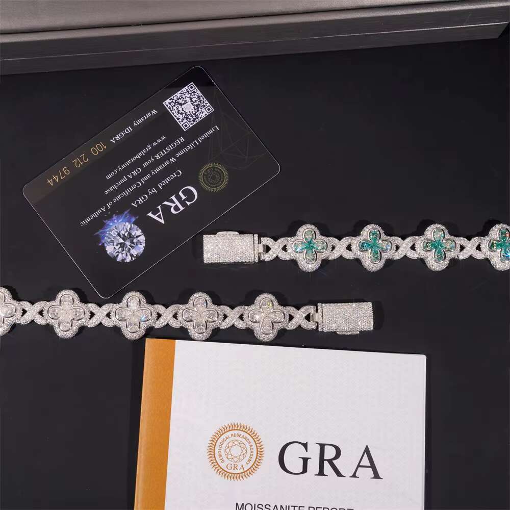 Hip Hop 925 Sliver Clover Shape Design Iced Out VVS Moissanite Diamond Cuban Link Chain Bracelet Jewelry for Mens