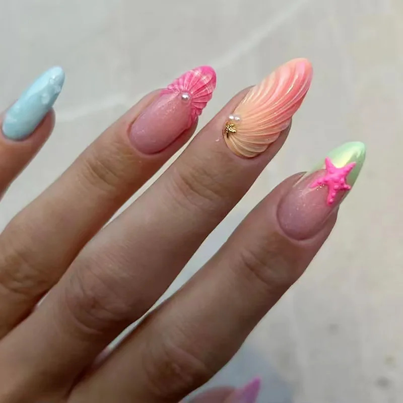 24pcs Hand-painted False Nails Summer Sea 3D Shell Starfish Fake Nail Tips Ins Gradient Pink Blue Color Almond Press On Nails 250625