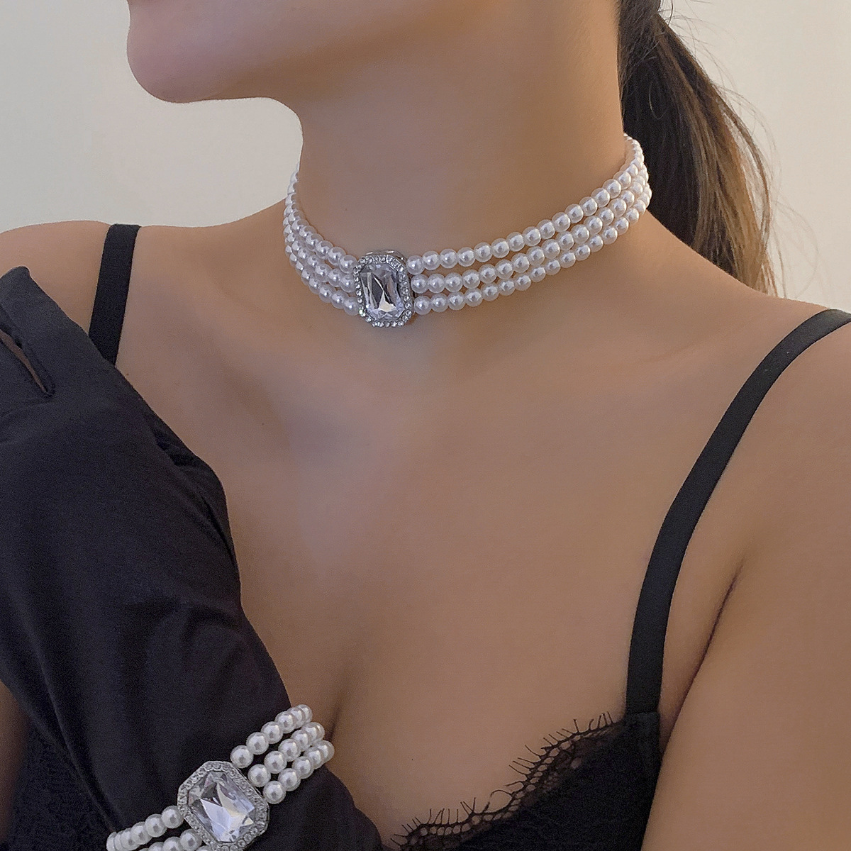 Layered Beaded Heart-Shaped Full Dia French Elegant Multi-Layer Rice-Shaped Imitation Pearl Necklace for Women