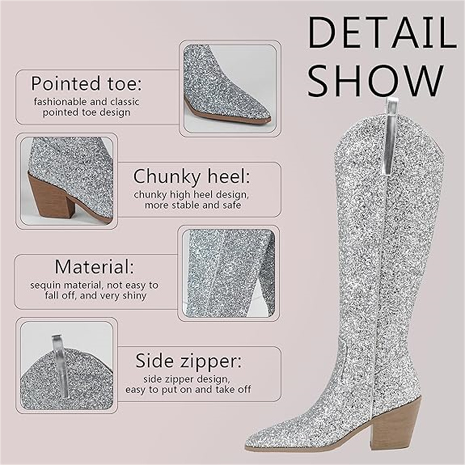 ARQA Cowgirl Boots for Women Side Zipper Tall Wide Calf Western Knee High Cowboy Boots Chunky Heels Glitter Sequin Party Dress Wedding Bridal Country 