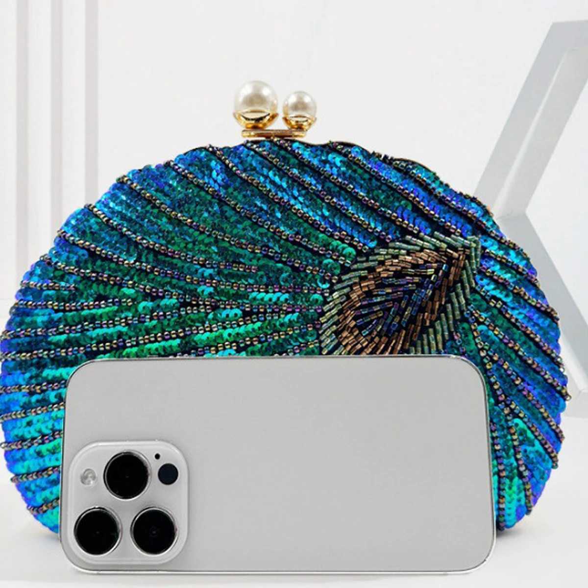 Glitter Vintage Sequins Decor Clutch Wallet Classic Peacock Feather Pattern Evening Bag Womens Shiny Satchel Bag For Party M250625