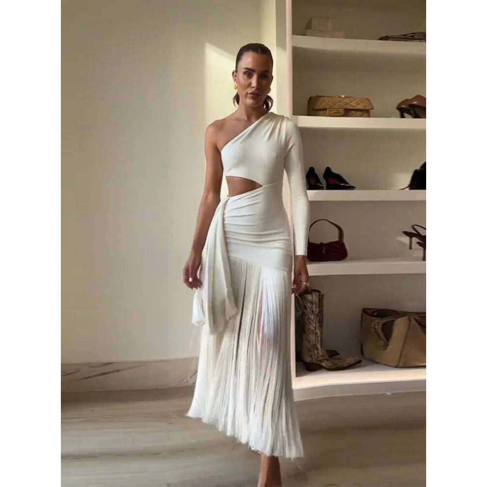 Sexy Tassels Hallow Out Dress Women Slim Skew Collar One Long Sleeves Vestidos Female 2025 Summer Chic High Waist Dresses