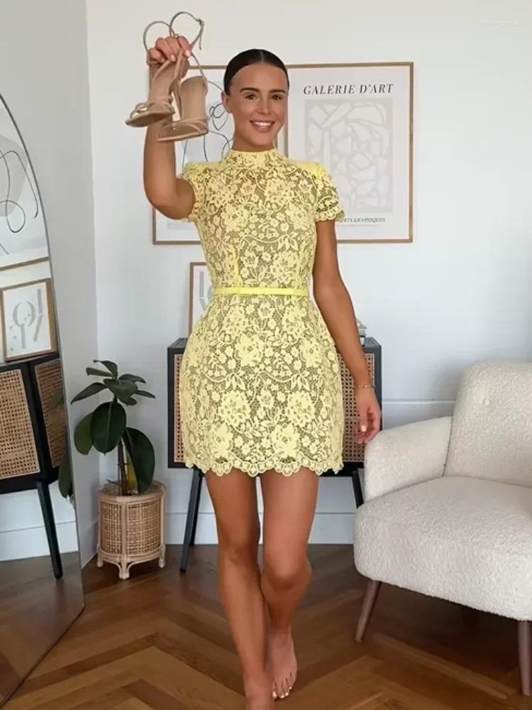 Casual Dresses Elegant Yellow Lace Slim Fit Cute Mini Vestido Women Chic Half Sleeve Round Neck High Waist Summer Lady Party Dress
