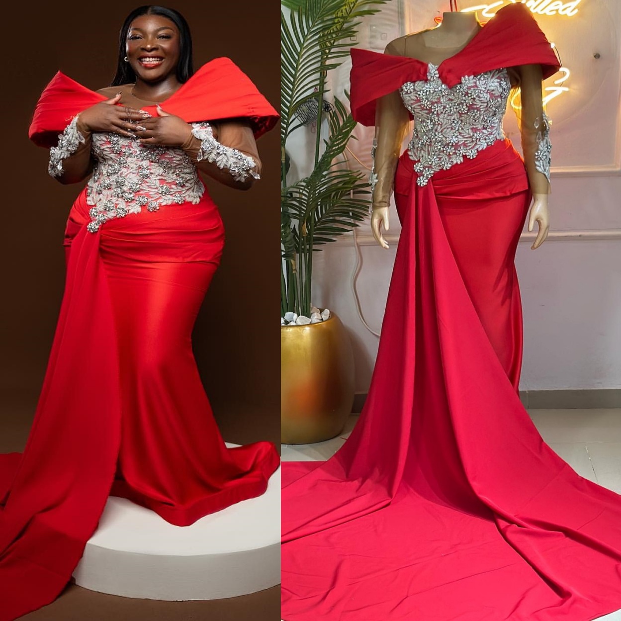 Red Mermaid Prom Dresses 2025 Lace Crystals Satin Full Sleeves Evening Formal Party Second Birthday Engagement Gowns Plus Size Dress For Special Occas