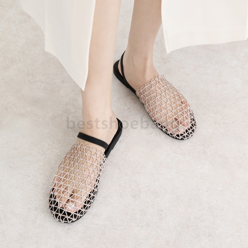 designer sandals flats heels weave mesh womens sandal hollow out slides mules non-slip slippers fashion summer sandale elegant fishnet shoes