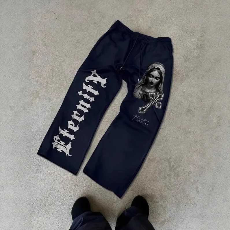Gothic dark hip-hop casual straight leg pants mens printed loose sports pants trendy and fashionable drawstring sweatpants X250625
