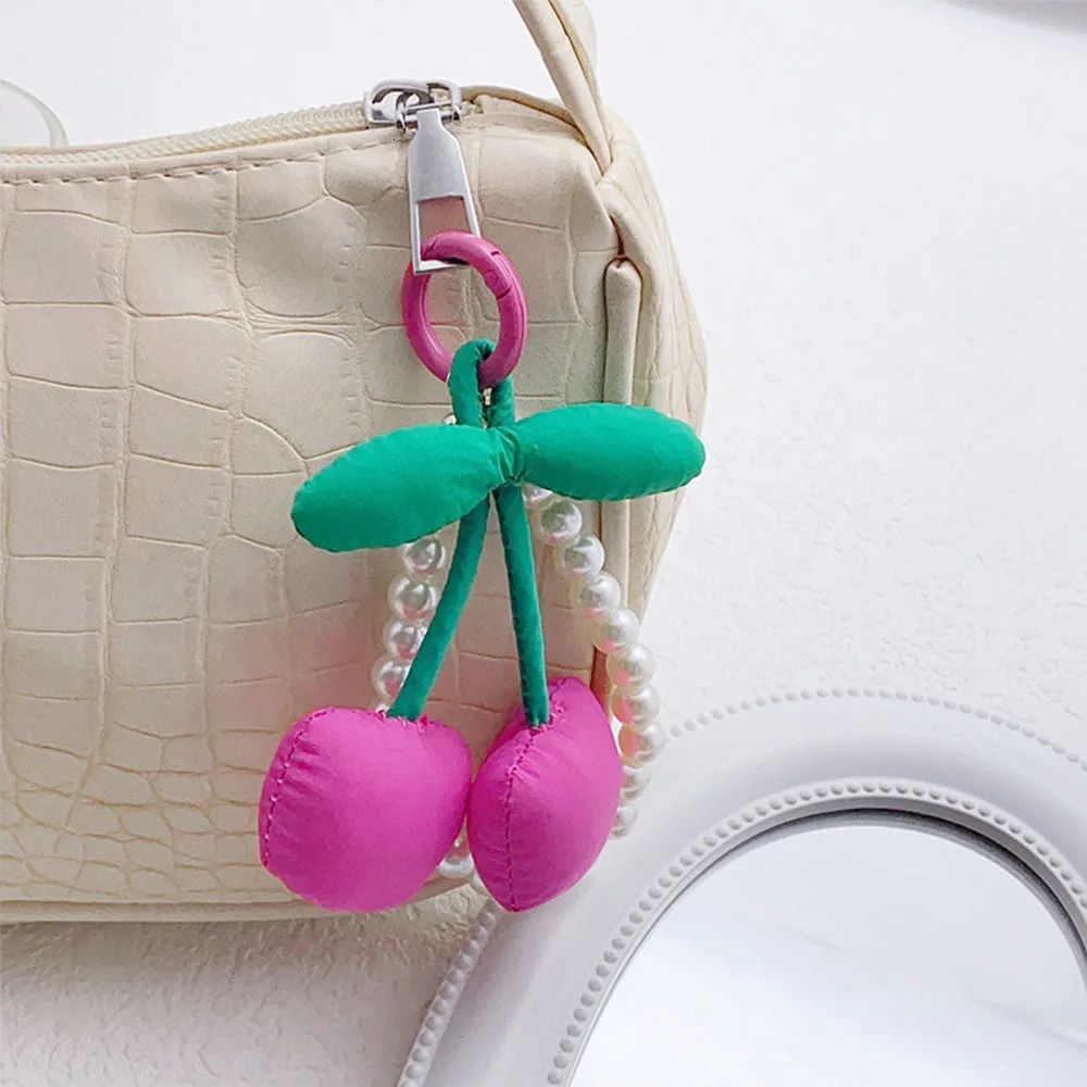 Korean Stylish Fabric Cherry Keychain Hand Beaded Pearl Keyring For Women Girls Phone Pendant Y2K Fashion Bag Pendant Gifts 250625