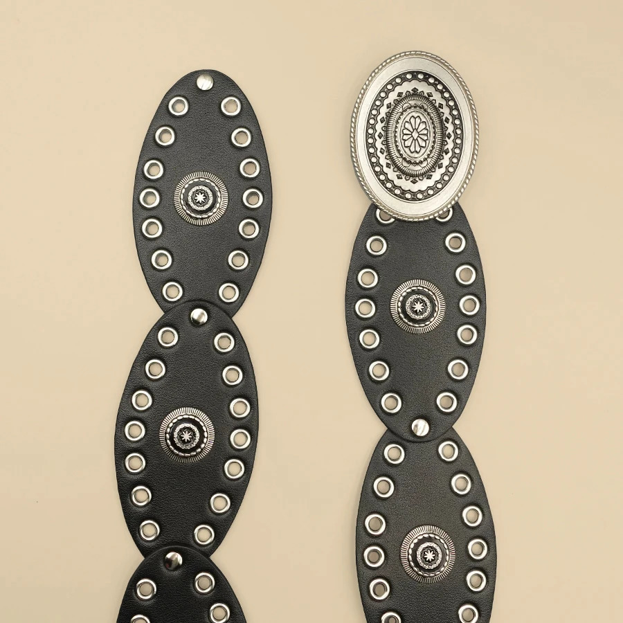 Black Vintage Western Womens Belt - Oversized Metal Conchos with Cut-Out Wide Cowboy Style Fashion Accessory 250618