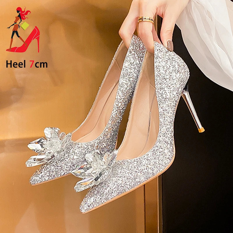 Woman Pumps Wedding Thin HIgh Heels Silver Glitter Crystal Flower Shallow Mouth Single Shoes For Women Pointed Toe Party Shoes 250624