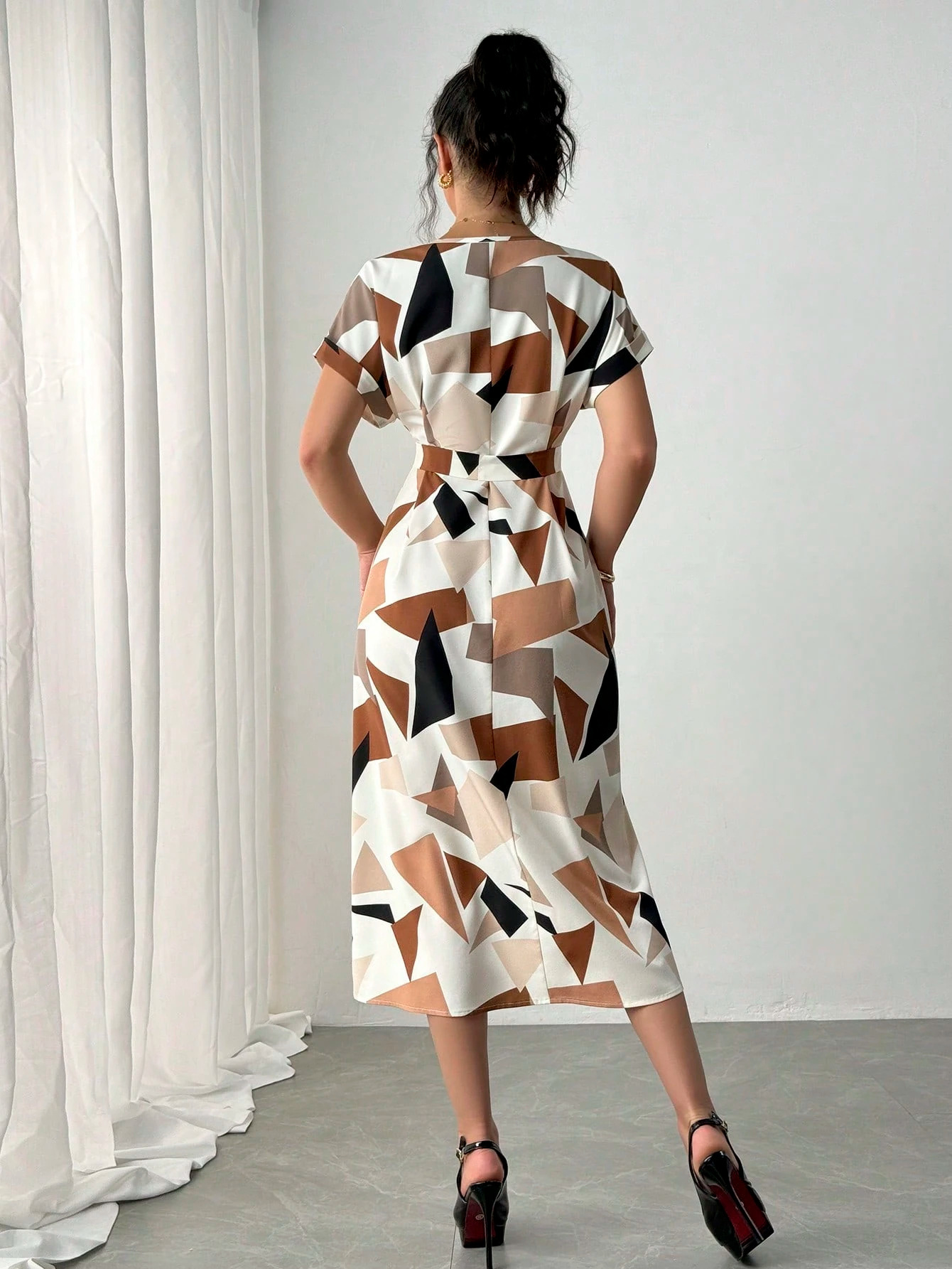 F6251New Spring V-neck Color Block Printed Midi Dress Skirt Women