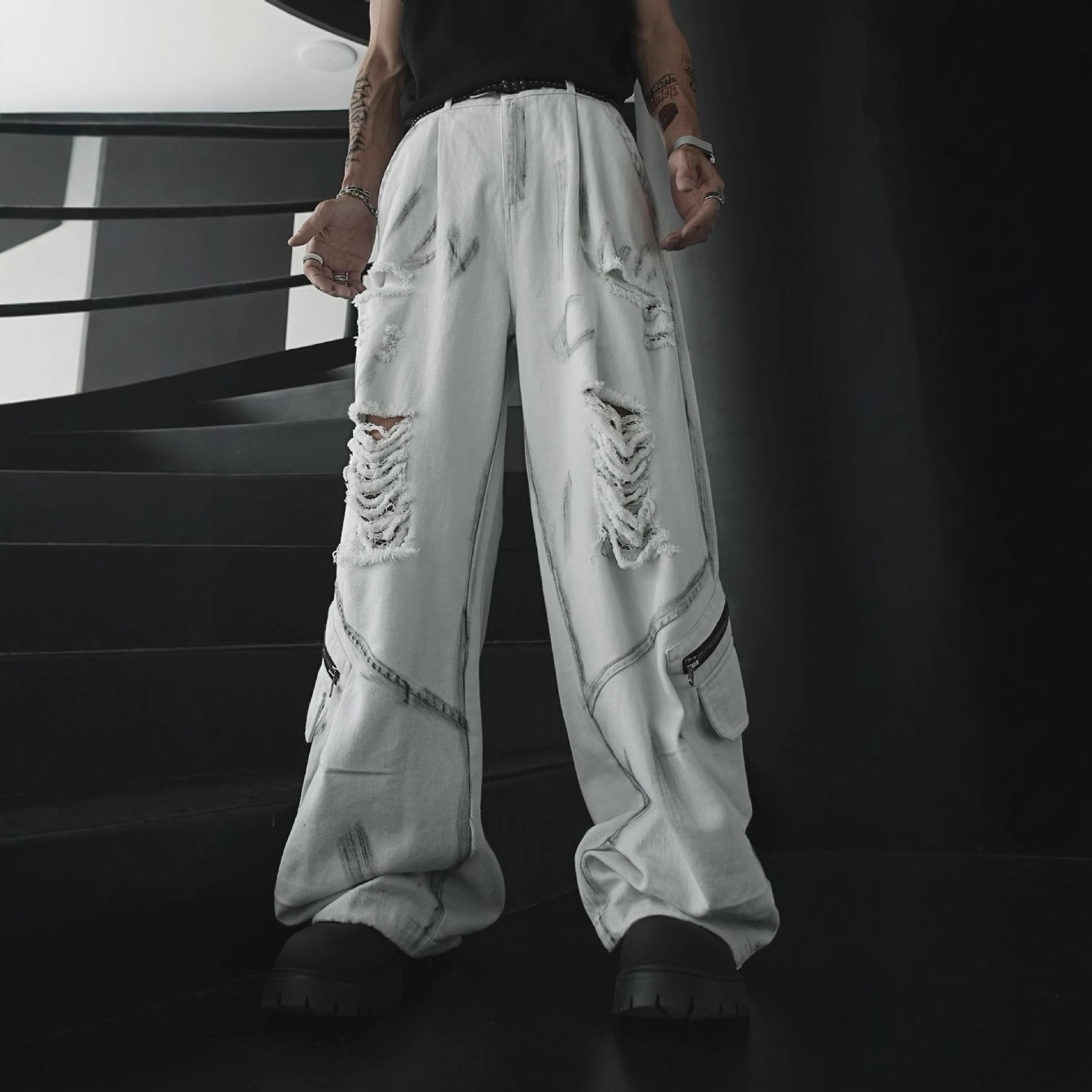 Men's Jeans Designer: Sporty And Casual High Street Men's Workwear Jeans, Distressed Trousers, Washed Retro Floor-standing Hip-hop Wide-leg 