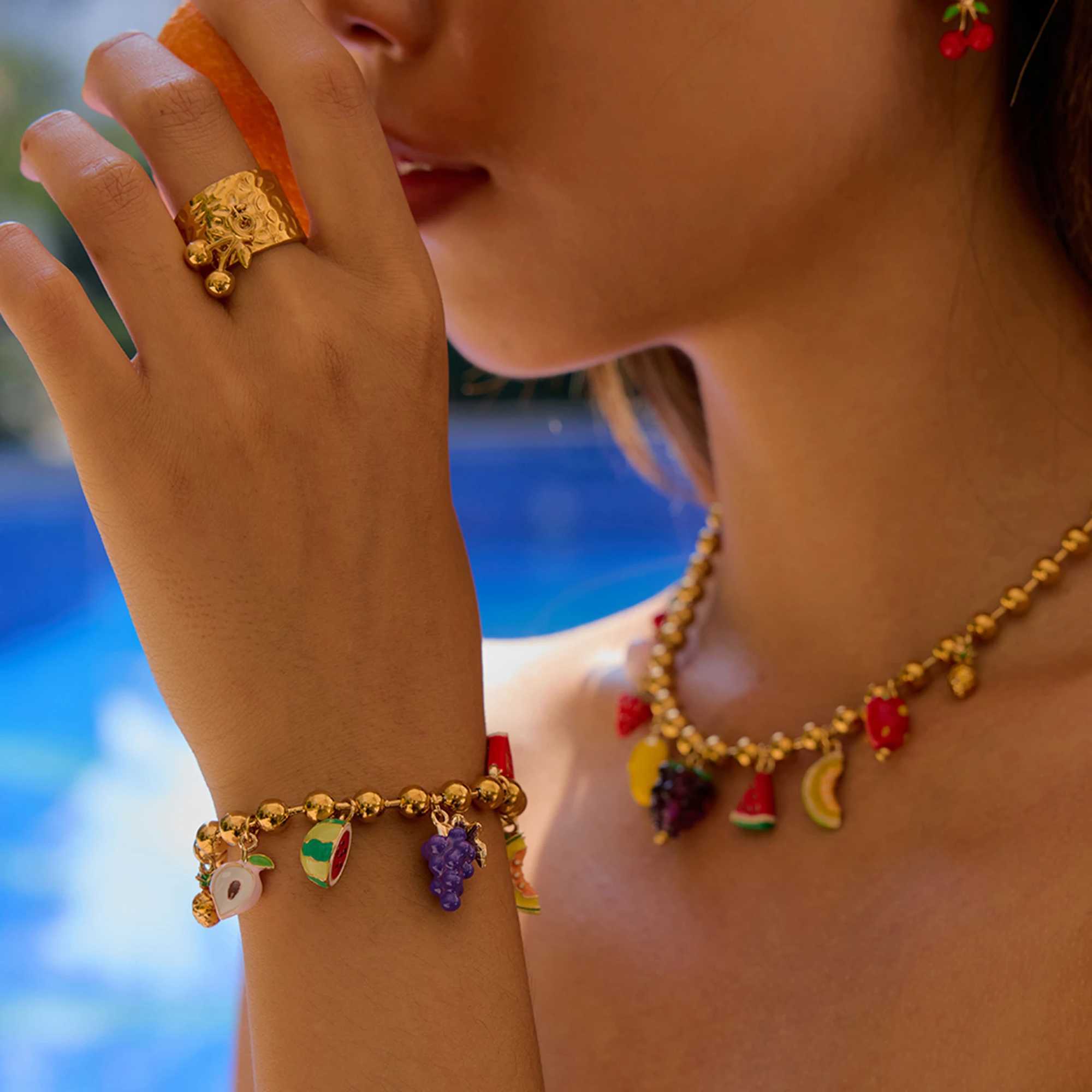 Youthway Trendy Color Summer Fruits Peach Grape Charm Bracelet Necklace For Women Waterproof Stainless Steel Jewelry Gift Party X250625