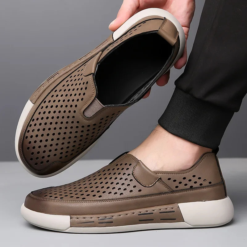Men Hollow Hole Casual and Versatile Leather Shoes One Step Hole Punch Shoes Toe Thick Soled Leather Shoes 250624
