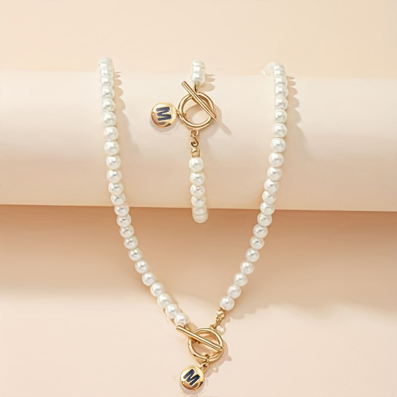 1 Pearl Necklace Bracelet Set M Pendant Fashion Exquisite Gift Celebration French Classic