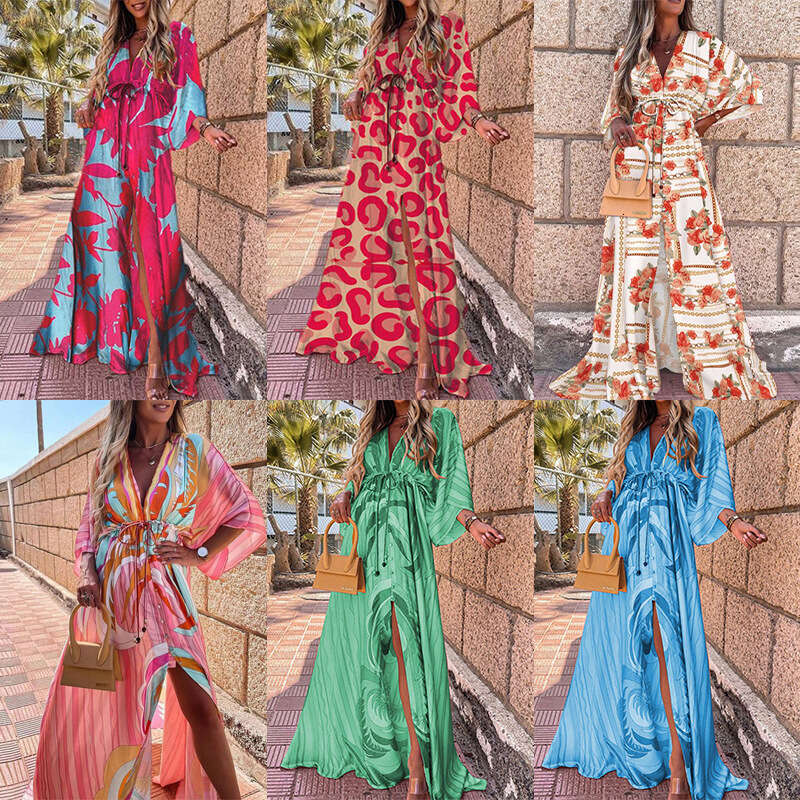 Women's Fashion Spring New Printed Loose Tie Elegant Flared Dress B5