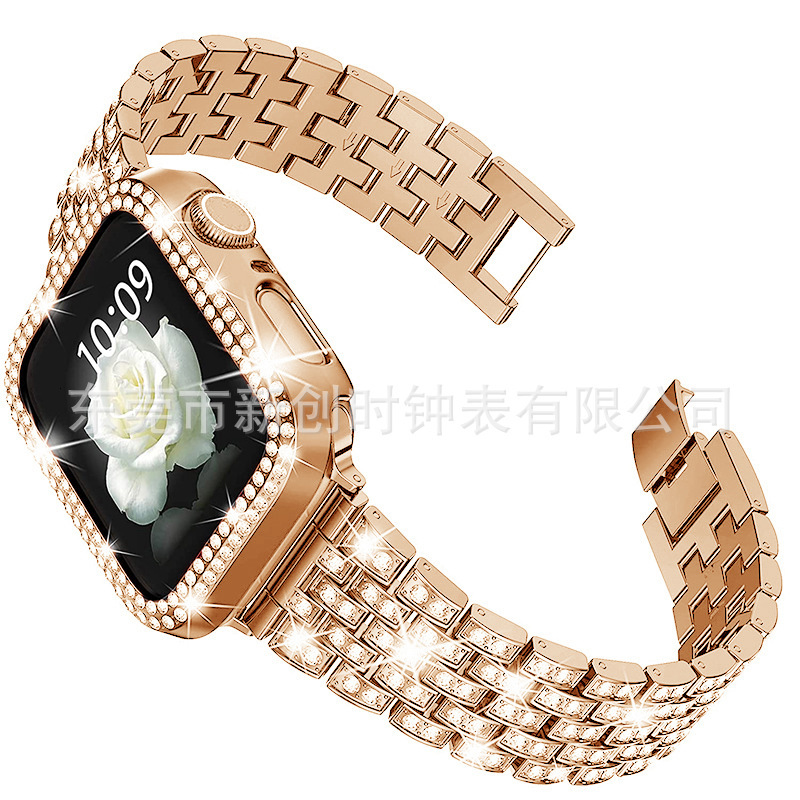 Luxury Premium Five-Link Full Rhinestone Stainless Steel iWatch Band Designer Elegant Metal Strap for iWatch Smart Series 1-9 Glamorous Bling Accessor