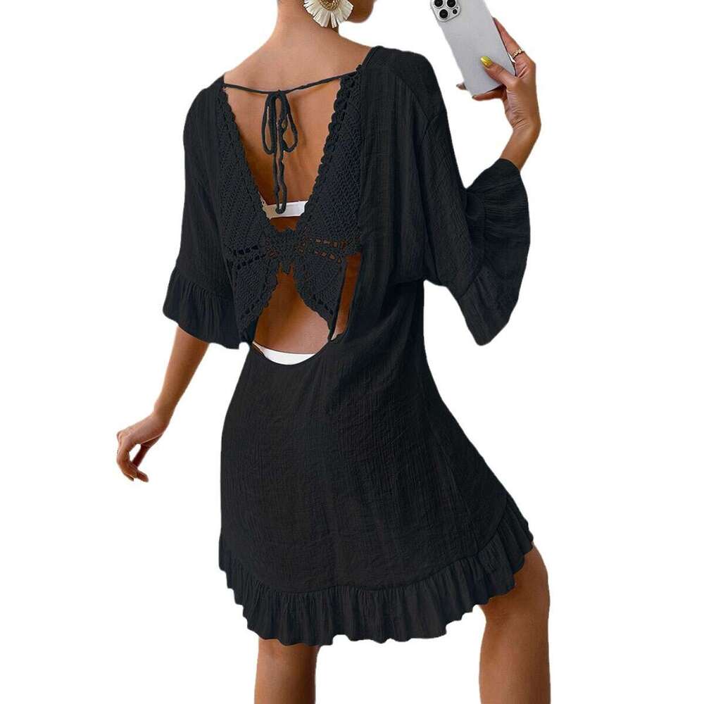 Beach Cover-Up Sun Protection Dress Back Butterfly New V-Neck Flare Sleeve B5