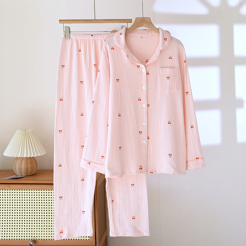 Factory direct sales of new spring and autumn styles of cherry bubble cotton pajamas for women, long sleeved pants, lapel cute home clothing sets