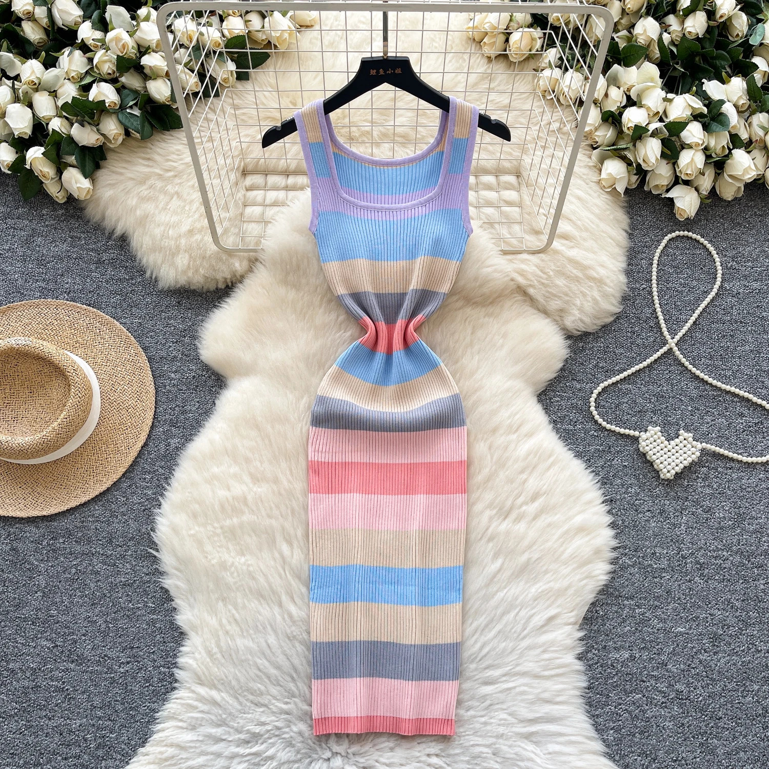 Chic Elastic Knit sleeveless Bodycon striped Women Elegant Korean Fashion Vestidos Summer Slim Wrap Pencil Dress 250618