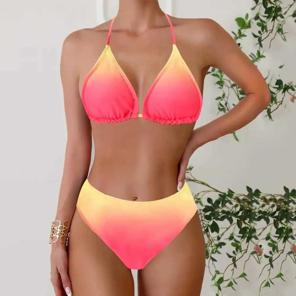 2Pcs Women Push-up Bikini Set Halter Padded Bra High Waist Swimming Briefs Set Adjustable Strap Swimsuit Gradient Split Swimwear XJ250624