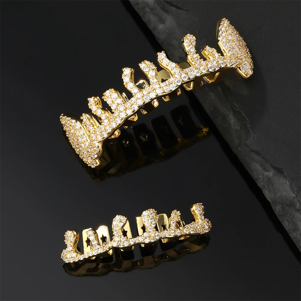 D Z Hip Pop Teeth Set Top Bottom Mouth Iced Out CZ Stones Tooth Caps Removable Dental Halloween Fashion Jewelry 250606