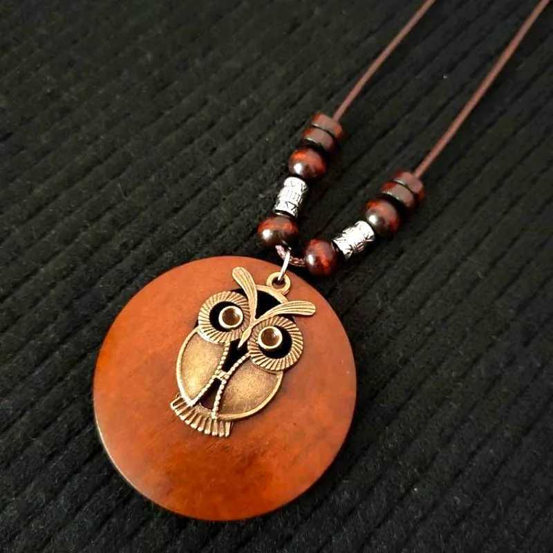Vintage Wooden Owl Pendant Necklace Boho Ethnic Style Metal Hollow Leaves Necklaces Long Wax Rope Chain for Women Gifts V250625