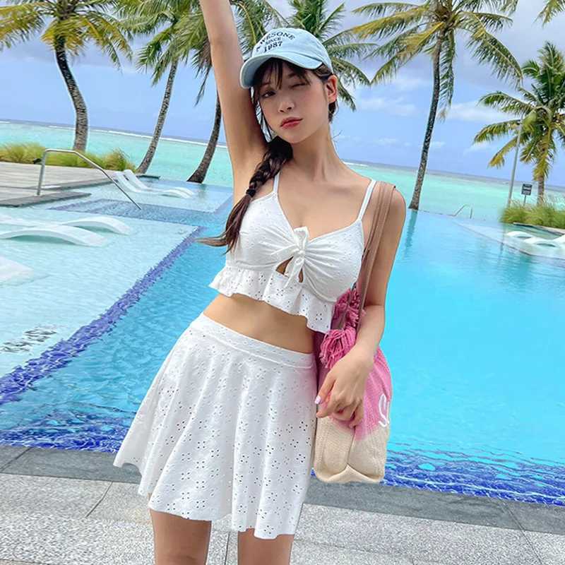 Conservative Bikini Swimsuit for Girls Thermal Spring Swimwear High Waist Skirt Style Belly Covering Slimming Womens Clothing XJ250624