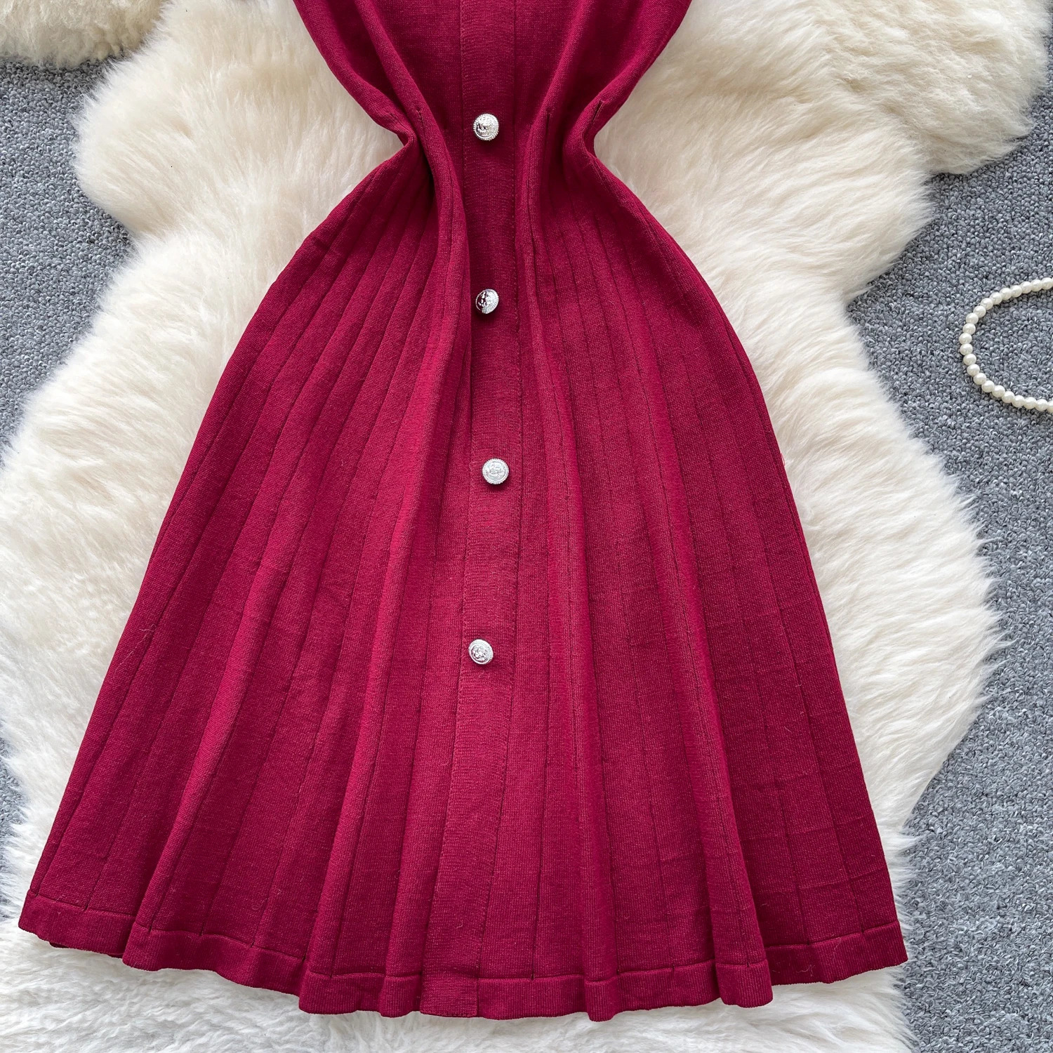 Chic Elastic Knit Polo-Neck Ruched button Elegant Korean Fashion Vestidos Summer Slim Dress 250618