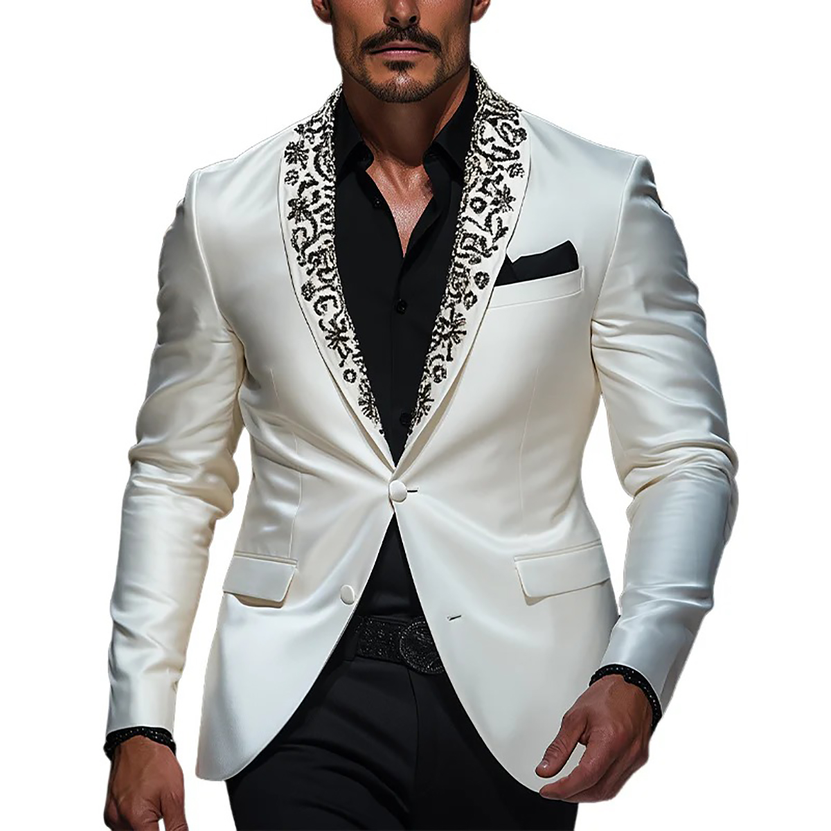 SImple Tailor-Made Appliques Men Suits 2 Pieces Set Shawl Lapel Jacket Beading Blazer Two-Button Groom Customized Coat Black Pants Plus Size