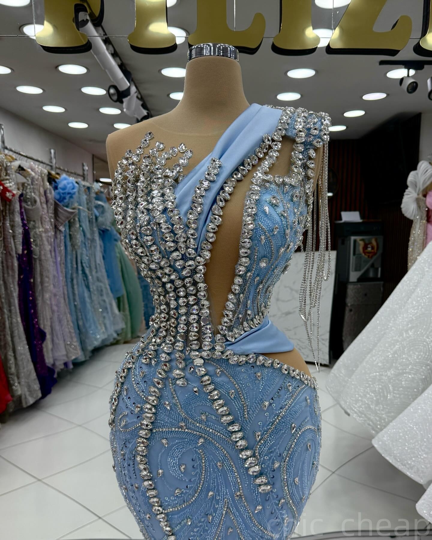 Sky Blue Mermaid Prom Dresses 2025 Rhinestones Sheer Neck Sequined Evening Formal Party Second Birthday Engagement Gowns Plus Size Dress For Special O
