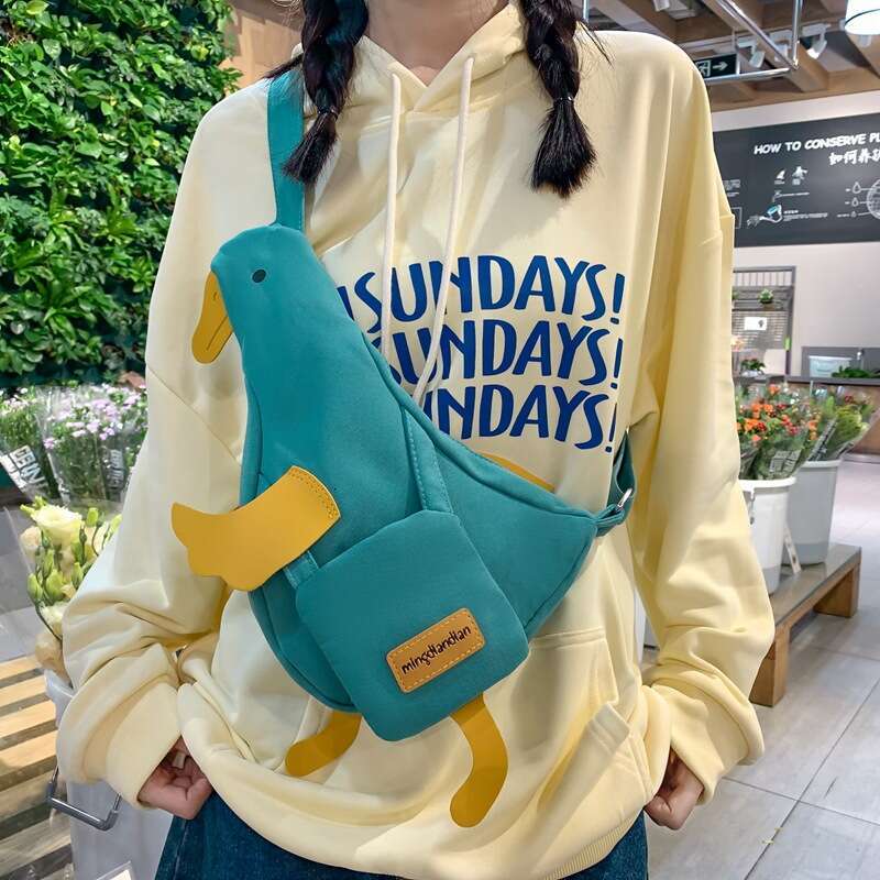 Duck Canvas for Women 2024 New Student Crossbody Shoulder Trendy Funny Cute Cartoon Chest Bag
