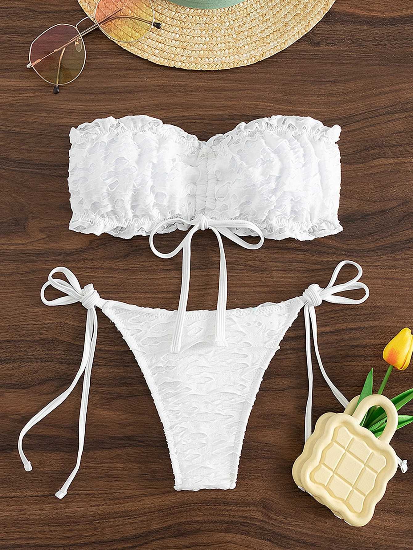 2025 Summer Solid Color Split Womens Swimsuit with Pit Strip European and American Sexy Split Bandeau Bikini XJ250624